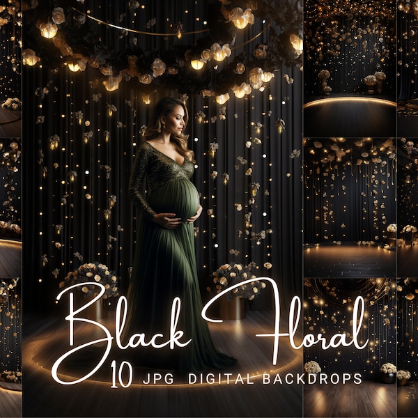 Black Floral Digital Backdrop Maternity Digital Background Dark Room Digital Photoshop Overlay Photography Backdrop Floral Background