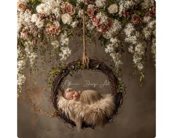 Newborn Digital Backdrop Floral Swing | Neutral Boho Baby Photography Background | Fine Art Cradle Backdrop for Photoshop Composite