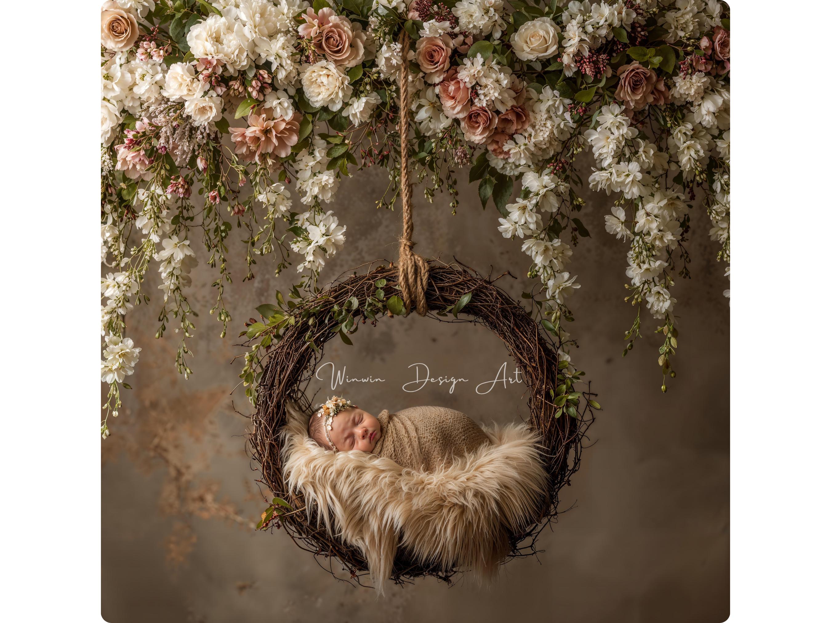 Simple Baby Backdrop Newborn Digital Backdrop Floral Swing | Neutral Boho Baby Photography ...