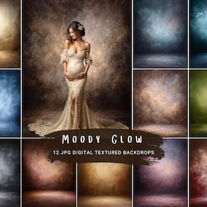 May include: A collection of 12 digital textured backdrops with a moody glow effect. The backdrops feature various colors, including brown, blue, and green, with a textured, painterly appearance. The image also includes a woman in a white gown.