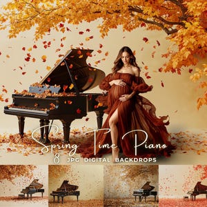 Autumn Piano Digital Photography Backdrop – Grand Piano Room with Autumn Leaves Overlay, Digital Background for Portraits & Studio Composite