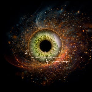 May include: A digital art image of a green and yellow eye iris overlay against a black background, surrounded by golden sparkles and wisps of blue and orange. The text "Eye Iris Overlay" and other details are included.