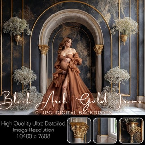 Black Arch Gold Frame Digital Backdrop – Luxury Maternity Photography Background, Fine Art Studio Portrait Overlay, Photoshop Composite