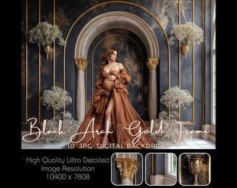 Black Arch Gold Frame Digital Backdrop – Luxury Maternity Photography Background, Fine Art Studio Portrait Overlay, Photoshop Composite