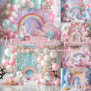 May include: A set of 20 digital cake smash backdrops featuring a unicorn, rainbow, and balloons in pastel colours. The backdrops are perfect for a unicorn-themed birthday party.