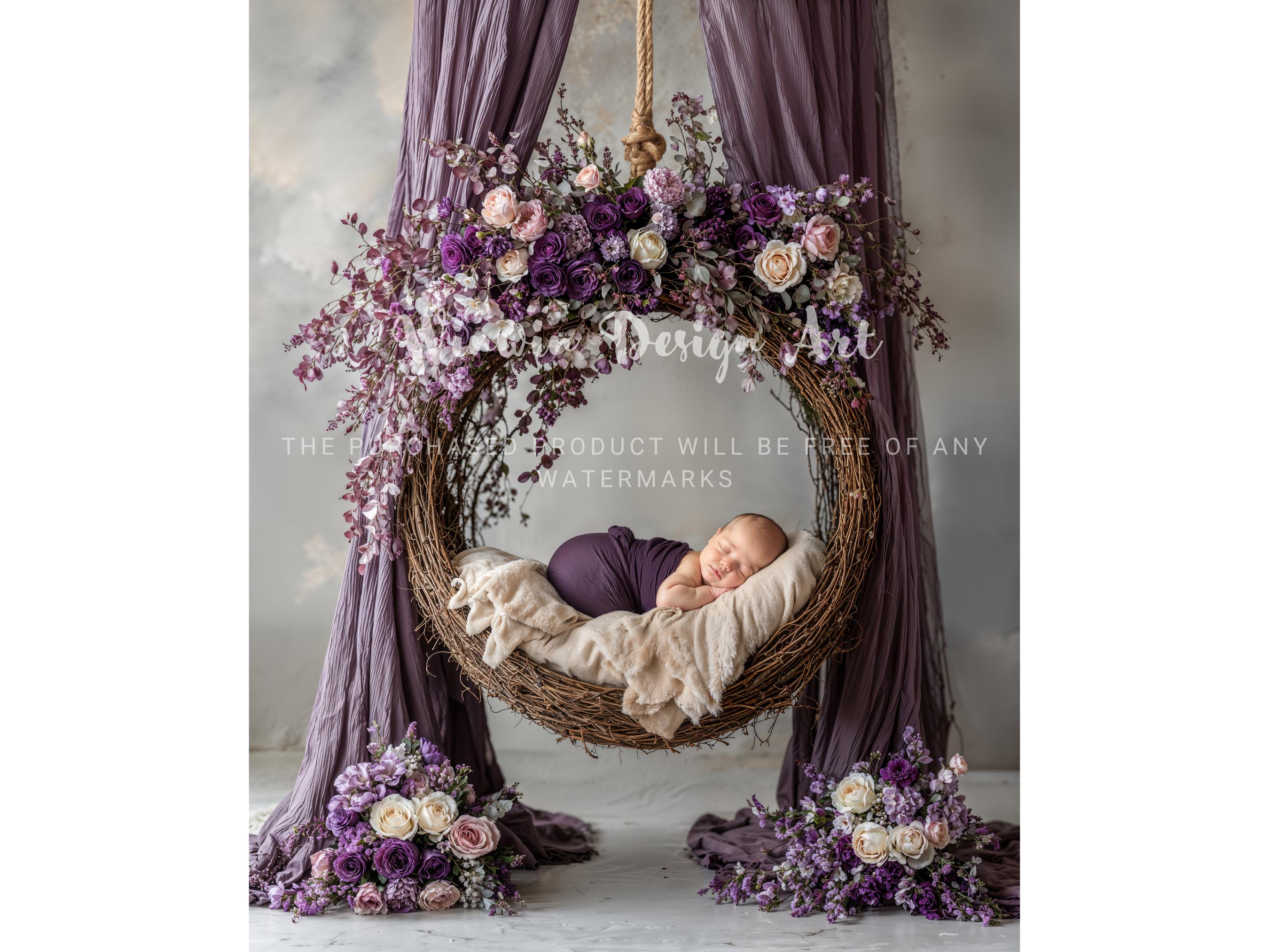 Newborn Digital Backdrop Floral Swing | Purple Boho Baby Photography ...