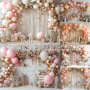 Balloons Arch Digital Backdrop – Pastel Pink Butterfly Baby Birthday Cake Smash Background, Studio Party Photography Overlay Composite