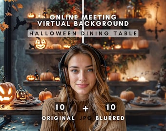 Halloween Dining Table Virtual Background – Spooky Zoom Backdrop (Digital Download)
