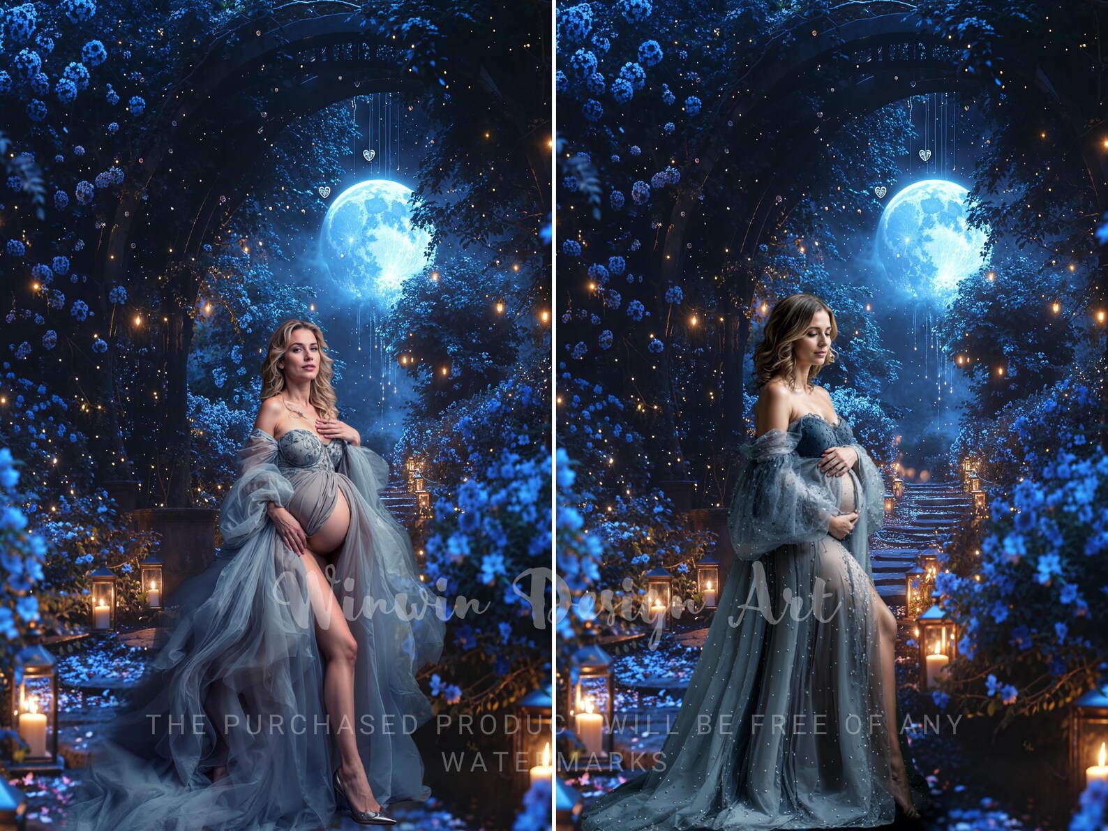 Moonlit Enchanted Garden Backdrop, Midnight Blue Photography Background ...