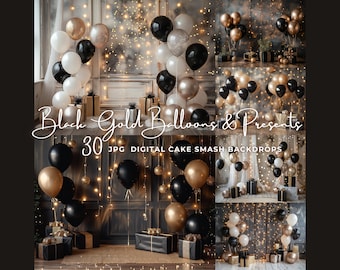 Luxus Black & Gold Ballon digitaler Hintergrund, Geburtstagskuchen Smash Hintergrund, Meilenstein Studio Fotografie Overlay für Photoshop