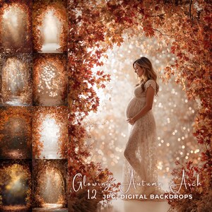 Könnte beinhalten: Eine schwangere Person in einem weißen Spitzenkleid steht vor einem leuchtenden Herbstbogen. Der Bogen wird von Herbstlaub in Rot- und Orangetönen umrahmt. Der Text "Glowing Autumn Arch 12 JPG DIGITAL BACKDROPS" ist enthalten.