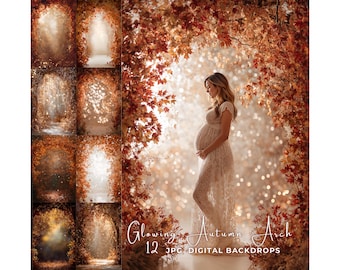 Glowing Autumn Arch Digital Backdrop – Backlit Bokeh Lighting Fall Portrait Background, Maternity Photoshop Overlay, Fine Art Composite
