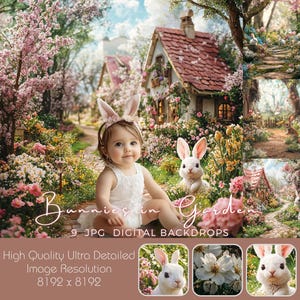 Bunnies in Garden Digital Cake Smash Backdrop – Spring Baby Birthday Photography Background, Bunny Easter Studio Digital Overlay