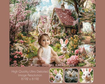 May include: A little girl wearing a white dress and bunny ears sits in a garden setting with a white bunny. The background features a cottage, flowers, and trees. The text "Bunnies in Garden" and "9 JPG DIGITAL BACKDROPS" is visible. The text "High Quality Ultra Detailed Image Resolution 8192 x 8192" is also visible.