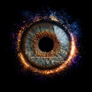 May include: A detailed eye iris overlay with a blue and brown pattern, surrounded by a sparkling golden ring and cosmic dust. The text "Eye Iris Overlay" is visible, along with file type information and the designer's name.