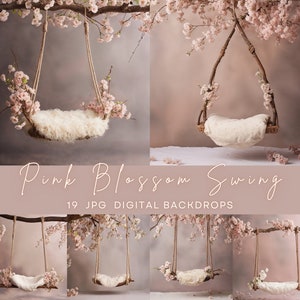 Blossom Swing Newborn Digital Backdrop – Pink Baby Photography Background, Floral Swing Composite, Photoshop Digital Background