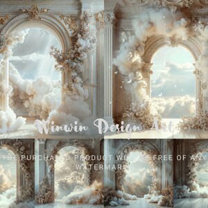 May include: A digital backdrop featuring three ornate white archways with clouds and butterflies. The archways are framed by white pillars and floral accents. The text "Winwin Design Art" is visible in the center of the image.