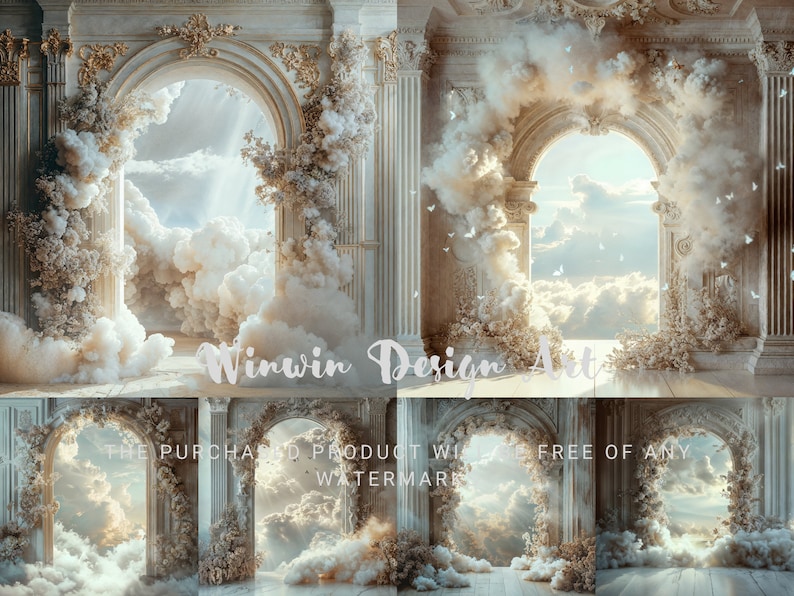 May include: A digital backdrop featuring three ornate white archways with clouds and butterflies. The archways are framed by white pillars and floral accents. The text "Winwin Design Art" is visible in the center of the image.