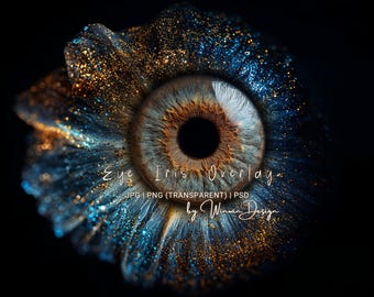 Marco de inserción de iris para macroojos: fondo transparente de iris para Photoshop, estuche de iris con flor azul brillante, archivo de fondo de superposición JPG, PNG y PSD.