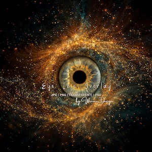 Peut inclure: Œuvre d'art numérique représentant un calque d'iris. L'œil a une pupille sombre et un iris bleu clair et doré. Le fond est un motif tourbillonnant d'or et de sarcelle, avec le texte "Eye Iris Overlay".
