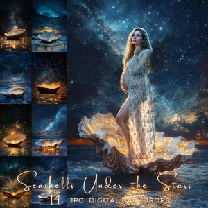 Könnte beinhalten: Ein digitaler Hintergrund mit einer schwangeren Person, die in einer Muschel unter einem Sternenhimmel steht. Das Bild enthält eine Sammlung von Muschelbildern und den Text "Seashells Under the Stars 14 JPG DIGITAL BACKDROPS".
