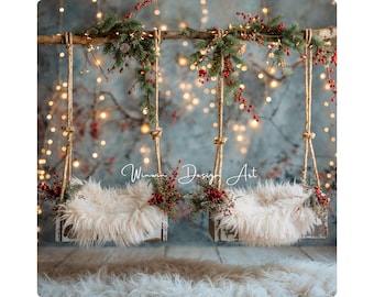 Newborn Swing Digital Backdrop Overlay – Twins Baby Christmas Portrait Photoshoot Studio Background, Photoshop Composite Fine Art JPG