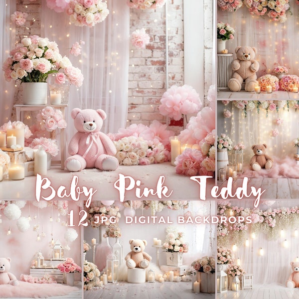 Baby Pink Teddy Digital Background Teddy Bear Baby Birthday Cake Smash Studio Photography Backdrops Pastel Pink Star Photography Backgrounds