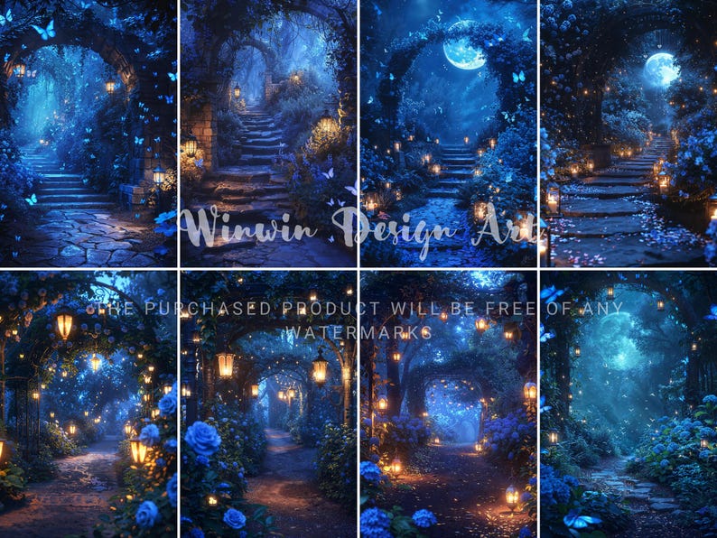 Moonlit Enchanted Garden Backdrop, Midnight Blue Photography Background ...