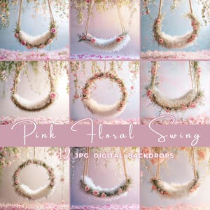 Pink Floral Swing Newborn Digital Backdrop – Baby Girl Photography Background, Infant Portrait Composite, Floral Baby Photoshop Overlay