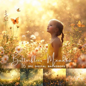 Puede incluir: Un fondo digital que presenta un campo de flores silvestres amarillas con mariposas y una niña con un vestido amarillo. El texto "Butterflies Meadow 16 JPG DIGITAL BACKDROPS" está en la parte inferior de la imagen.