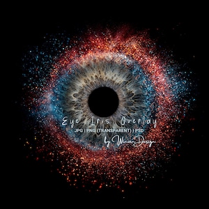 May include: Digital art overlay of an eye iris with a black pupil, encircled by a galaxy of red, blue, and white particles. Text reads "Eye Iris Overlay" and "by Winwin Design" on a black background.