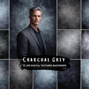 Puede incluir: Una colección de 12 fondos digitales texturizados en gris carbón. La imagen presenta a un hombre con un traje oscuro y una camisa negra. El texto "CHARCOAL GREY" se muestra con la descripción del producto "12 JPG DIGITAL TEXTURED BACKDROPS".