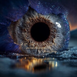 May include: Close-up of a human eye with a detailed iris, surrounded by blue and purple accents with glitter. The text "Eye Iris Overlay" is visible. The image has a reflective surface.