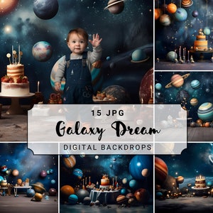 May include: A set of 15 digital backdrops featuring a galaxy theme with planets, stars, and a nebula. The backdrops are perfect for creating a space-themed photo shoot.