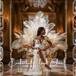 May include: A white feathered chair with a gold frame in a grand room. The chair is decorated with white feathers and has a gold frame. The chair is in a grand room with high ceilings and ornate decorations. The chair is a digital backdrop for photography.