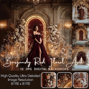 Burgundy Red Floral Arch Digital Backdrop Floral Maternity Portrait Background Red Elegant Overlay Photography Digital Background