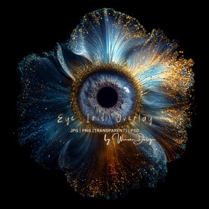 May include: A digital artwork of an eye iris overlay, with blue and gold abstract details. The image includes the text "Eye Iris Overlay" and "by Winwin Design" on a black background. Available in JPG, PNG (transparent), and PSD formats.