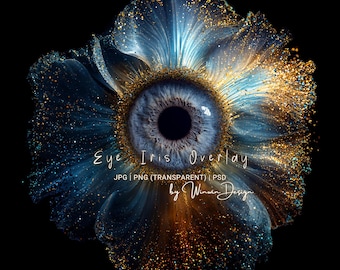 Marco de inserción de iris para macroojos: fondo transparente de iris para Photoshop, estuche de iris con flor azul brillante, archivo de fondo de superposición JPG, PNG y PSD.
