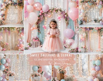 Rosa Kuchen Zerschlagen digitaler Hintergrund, Blumenfotografie-Hintergrund, Ballons Studio Portrait Overlay, Kinder Photoshop Verbundstoff