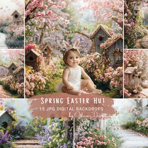 Puede incluir: Un telón de fondo digital con un bebé con un vestido blanco y orejas de conejo, en una escena primaveral. La escena incluye casas para pájaros, un camino de madera, flores florecientes y mariposas. Texto: "Spring Easter Hut".