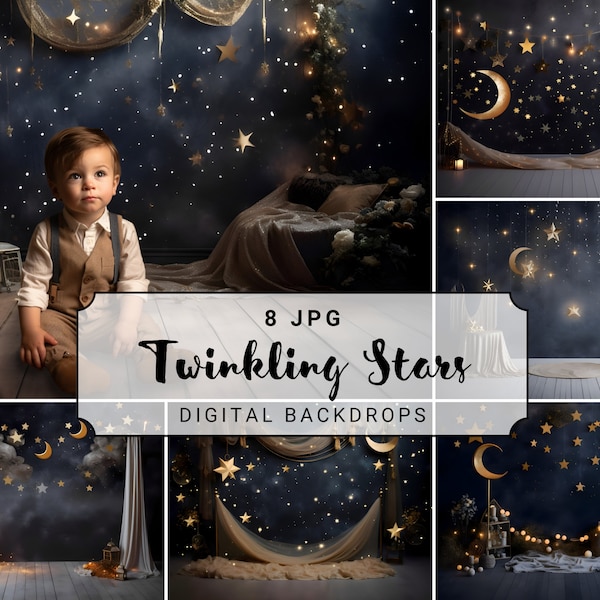 Twinkle Stars Digital Photography Backdrop Balloons Cake Smash for Baby Birthday Digital Background Starry Moon Digital Backdrop Overlay