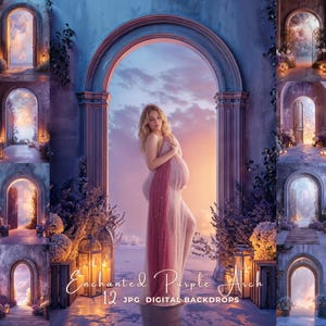 Enchanted Purple Arch Photography Backdrop – Purple Digital Background, Floral Arch Photoshop Overlay, Fine Art Portrait Digital Backdrop