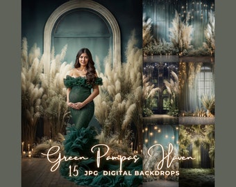 Green Boho Pampas Digital Backdrop, Maternity Photography Background, Modern Neutral Portrait Overlay, Botanical Photoshop Composite