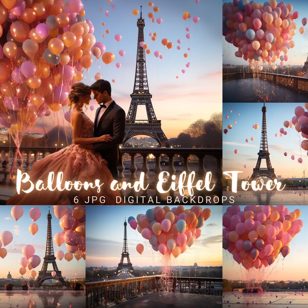 Eiffel Tower Digital Photography Background Paris Photography Backdrop Balloon Digital Backdrops Romantic Balloons Float Digital Background