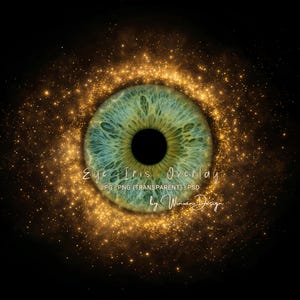 Puede incluir: Imagen digital de una superposición de ojos. El ojo tiene un iris azul y verde con una pupila negra, rodeado de un efecto de brillo dorado sobre un fondo negro. El texto dice "Eye Iris Overlay" y "by Winwin Design."