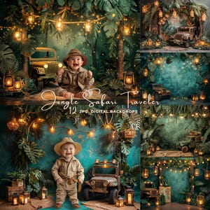 Fondo digital para sesión de fotos de cumpleaños con temática de safari en la jungla tropical, fondo para fotografía de cumpleaños de bebé con temática de naturaleza, superposición de Photoshop para estudio con vegetación.