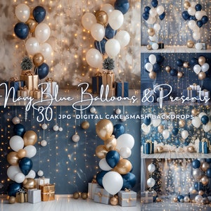 Blue Balloons Digital Photography Backdrop Blue Baby Birthday Cake Smash Studio Background Gold Digital Backdrop Photoshop Composite