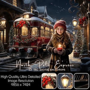 North Pole Express digitaler Hintergrund - Vintage Zug Weihnachtshintergrund, Winter-Fotografie-Overlay, Urlaub Digitaler Verbund-Hintergrund