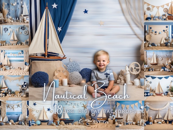 Cake Smash Digital Backdrop Nautical Birthday Background Beach Photography Backdrop Baby 1st Birthday Smash Cake Photoshop Overlay Baby Boy