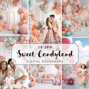 May include: A digital backdrop set featuring 15 images of a whimsical candy-themed room with colorful balloons, lollipops, and clouds. The set is perfect for photographers and digital artists looking to create unique and fun backdrops for their photoshoots.